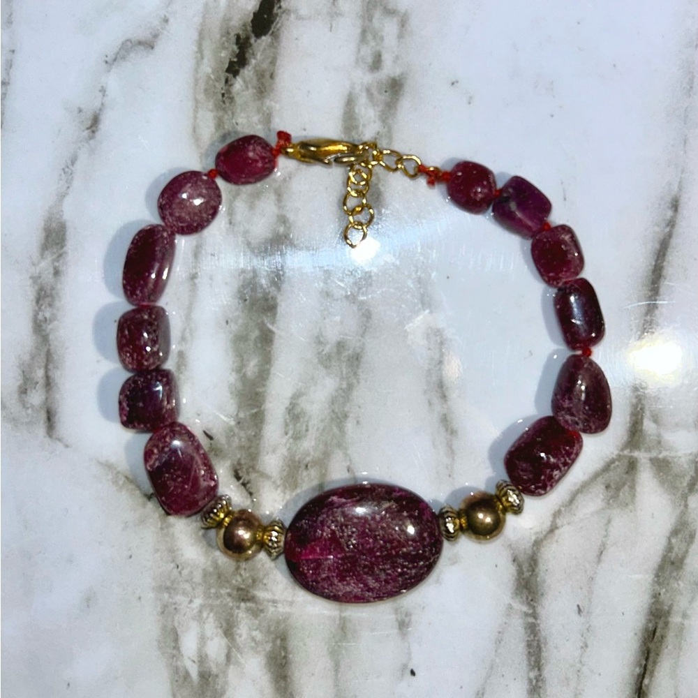 Mined Ruby Stone Genuine Beaded Bracelet with Gold Plated Accents